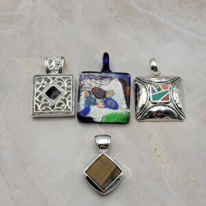 4-Piece Pendant Lot Dichroic Glass Silver Tone Metal Enamel Tiger Eye Square